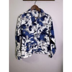 Coldwater Creek Linen Cotton Ikat Jacket Blue Gray Button Front Pockets S/M